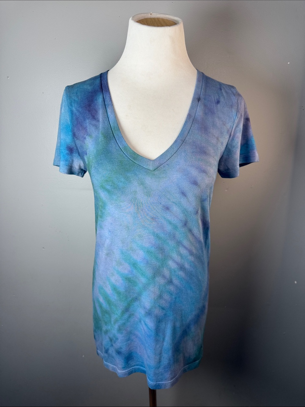 Tie-Dye V-Neck Women's Tee in Blue and Green